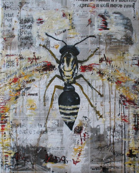 v #8 (40x50 acrilico,matita temperata caffe xarta di giornale su tela)