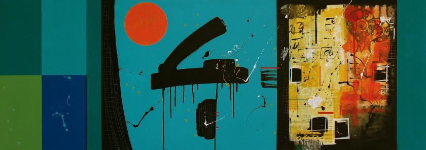 composizione, sinestesia in la# (140cmx50cm, acrilico, carta, spray su tela, 2013, collezione privata)