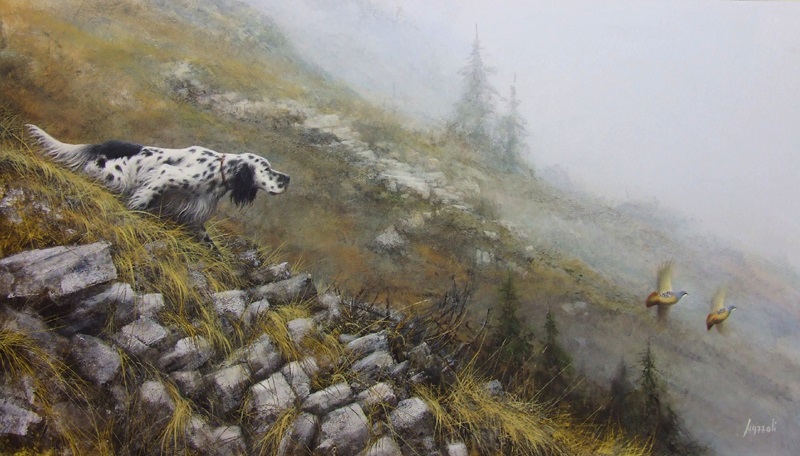 Andrea Mazzoli- setter e coturnici-tecnica mista su mdf  - (  80x46 cm. )