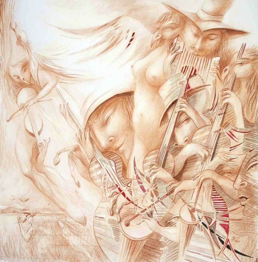 Pierre Queloz- "Comme les rêves sont réels…" Couverture livre-CD Sanguine, encre et acrylique sur papier 2014. 60-60 cm Tous droits réservés à Pierre Queloz CH